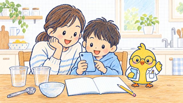 台所のテーブルで、親子がスマホとノートを見ている絵